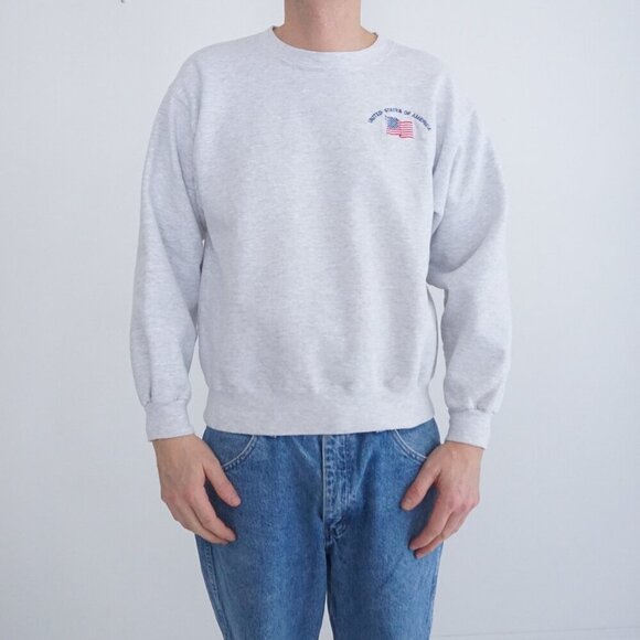 Vintage Nineties Jerzees Gray Heavyweight Embroidered Usa Crew Neck Sweater M - Picture 1 of 9